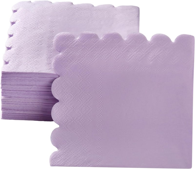 BEFORYOU 200 Pack Cocktail Napkin 2-Ply Scalloped Edged Dessert Napkins Folded 5 x 5 Inches Disposable Napkins for Dinner Wedding Birthday Party Bridal Anniversary Reception Event (Purple) - Image 4